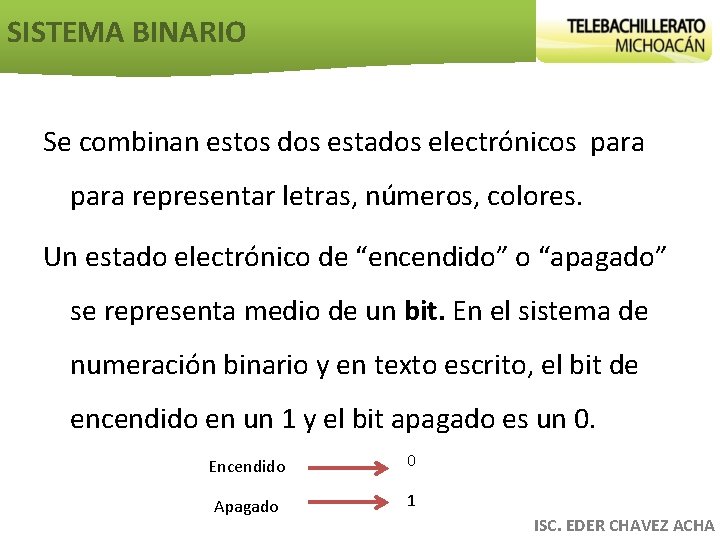 SISTEMA BINARIO Se combinan estos dos estados electrónicos para representar letras, números, colores. Un