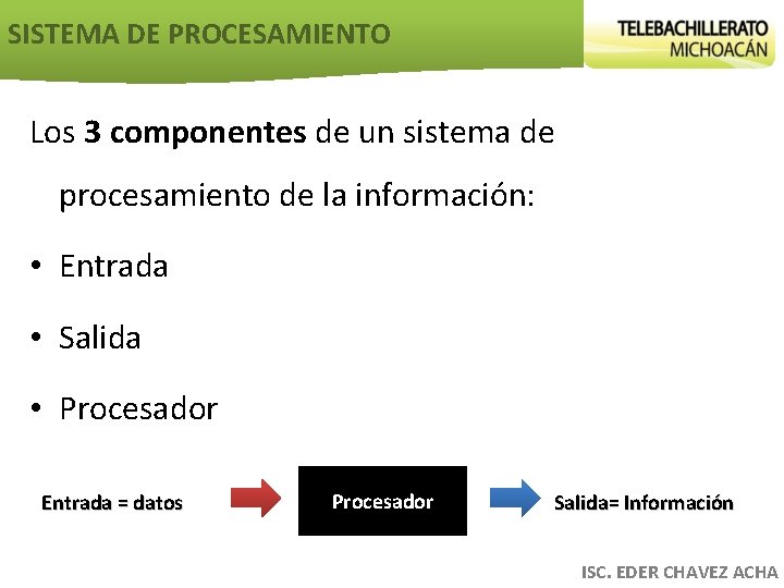 SISTEMA DE PROCESAMIENTO Los 3 componentes de un sistema de procesamiento de la información: