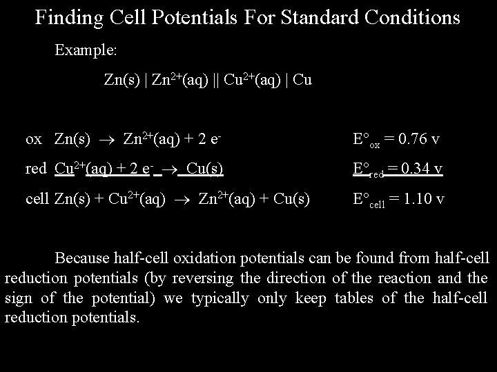 Finding Cell Potentials For Standard Conditions Example: Zn(s) | Zn 2+(aq) || Cu 2+(aq) Finding Cell Potentials For Standard Conditions Example: Zn(s) | Zn 2+(aq) || Cu 2+(aq)