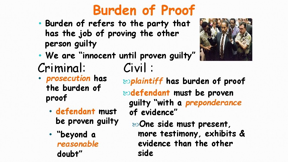 Burden of Proof • Burden of refers to the party that has the job