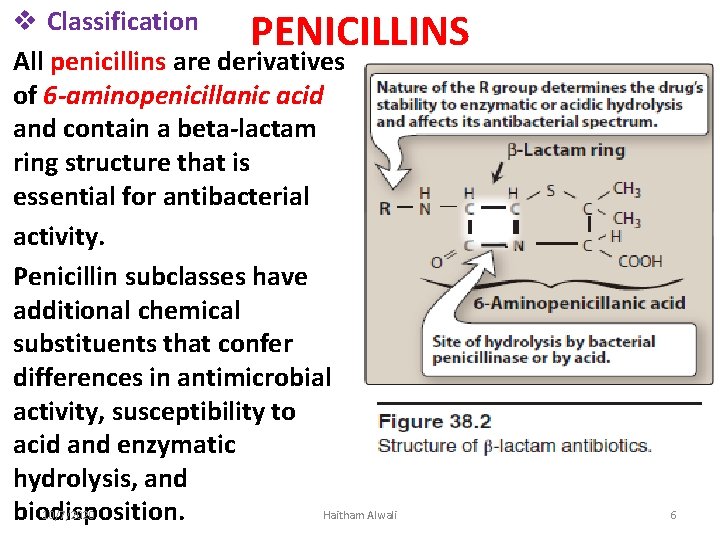 v Classification PENICILLINS All penicillins are derivatives of 6 -aminopenicillanic acid and contain a