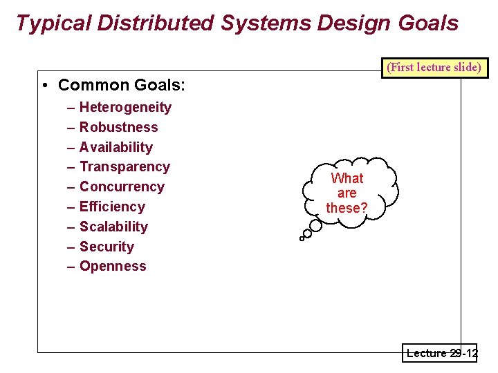 Typical Distributed Systems Design Goals (First lecture slide) • Common Goals: – – –