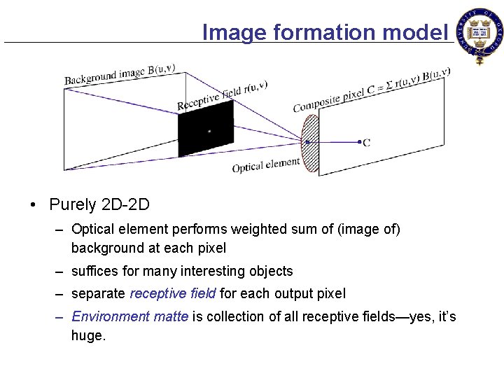 Image formation model • Purely 2 D-2 D – Optical element performs weighted sum