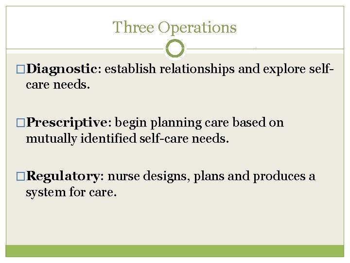 Three Operations �Diagnostic: establish relationships and explore self- care needs. �Prescriptive: begin planning care