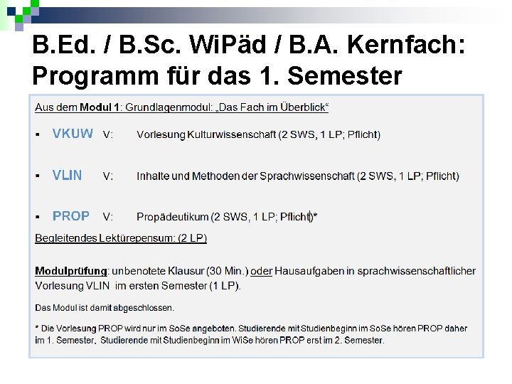 B. Ed. / B. Sc. Wi. Päd / B. A. Kernfach: Programm für das