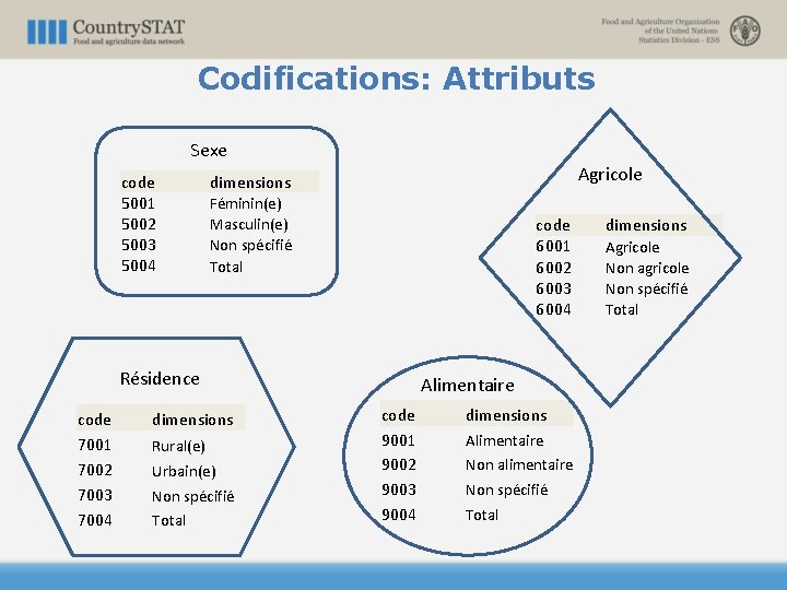 Codifications: Attributs Sexe code 5001 5002 5003 5004 Agricole dimensions Féminin(e) Masculin(e) Non spécifié