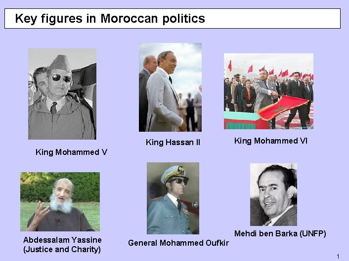 Key figures in Moroccan politics King Hassan II King Mohammed V Abdessalam Yassine (Justice