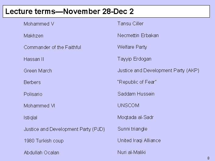 Lecture terms—November 28 -Dec 2 Mohammed V Tansu Ciller Makhzen Necmettin Erbakan Commander of