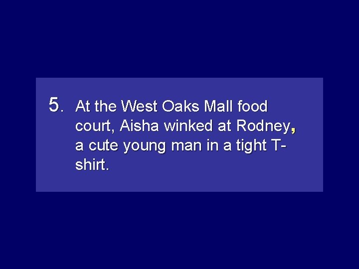 5. At the West Oaks Mall food court, Aisha winked at Rodney, a cute