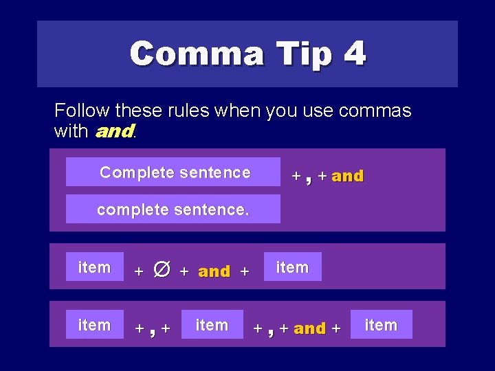 Comma Tip 4 Follow these rules when you use commas with and. Complete sentence