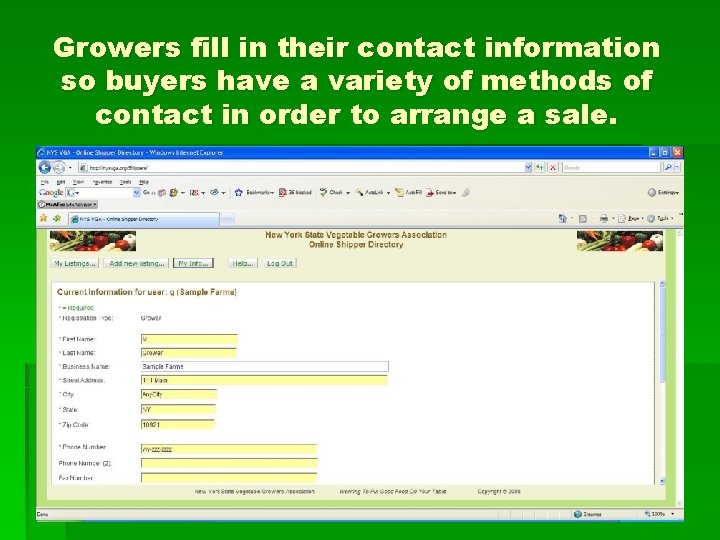 Growers fill in their contact information so buyers have a variety of methods of