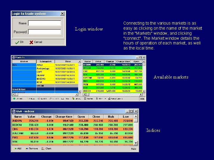 Login window Connecting to the various markets is as easy as clicking on the