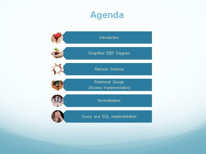 Agenda Introduction Simplified EER Diagram Rational Schema Relational Design (Access implementation) Normalization Query and