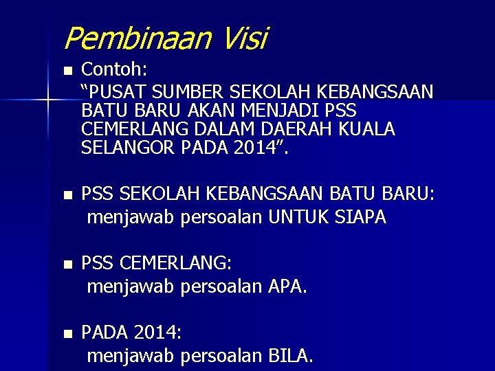 Pembinaan Visi n Contoh: “PUSAT SUMBER SEKOLAH KEBANGSAAN BATU BARU AKAN MENJADI PSS CEMERLANG