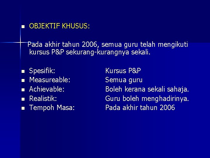 n OBJEKTIF KHUSUS: Pada akhir tahun 2006, semua guru telah mengikuti kursus P&P sekurang-kurangnya