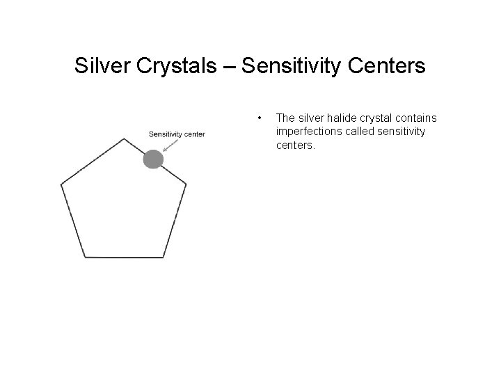 Silver Crystals – Sensitivity Centers • The silver halide crystal contains imperfections called sensitivity