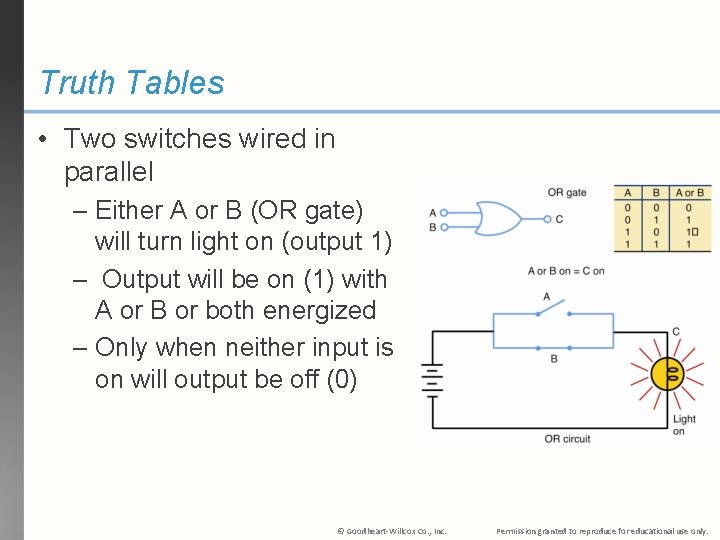 Truth Tables • Two switches wired in parallel – Either A or B (OR