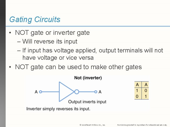 Gating Circuits • NOT gate or inverter gate – Will reverse its input –