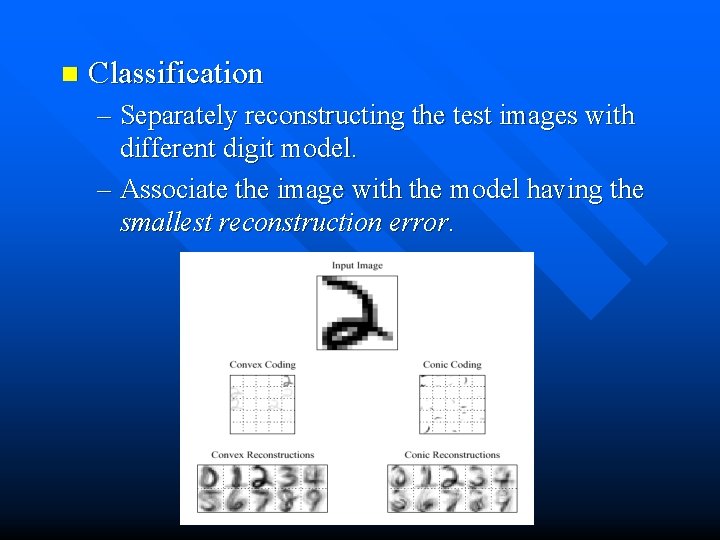 n Classification – Separately reconstructing the test images with different digit model. – Associate
