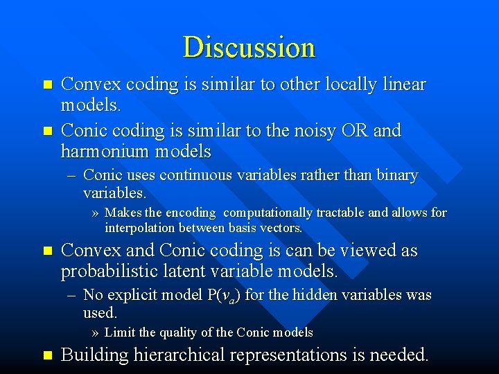 Discussion n n Convex coding is similar to other locally linear models. Conic coding