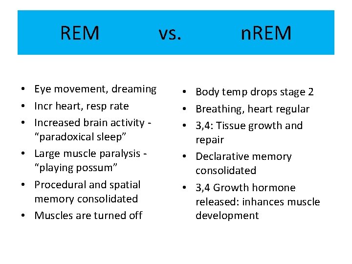 REM vs. n. REM • Eye movement, dreaming • Incr heart, resp rate •