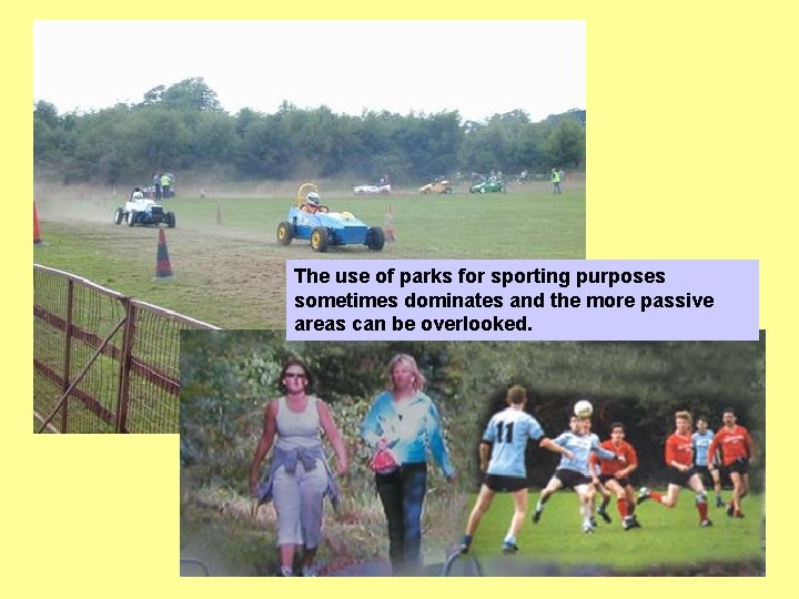 The use of parks for sporting purposes sometimes dominates and the more passive areas