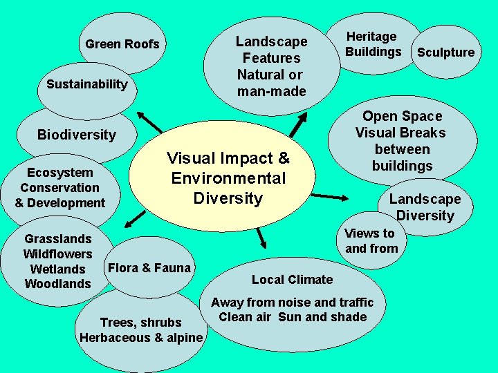 Landscape Features Natural or man-made Green Roofs Sustainability Biodiversity Ecosystem Conservation & Development Grasslands
