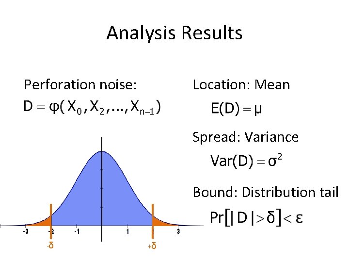 Analysis Results Perforation noise: Location: Mean Spread: Variance Bound: Distribution tail -δ +δ 