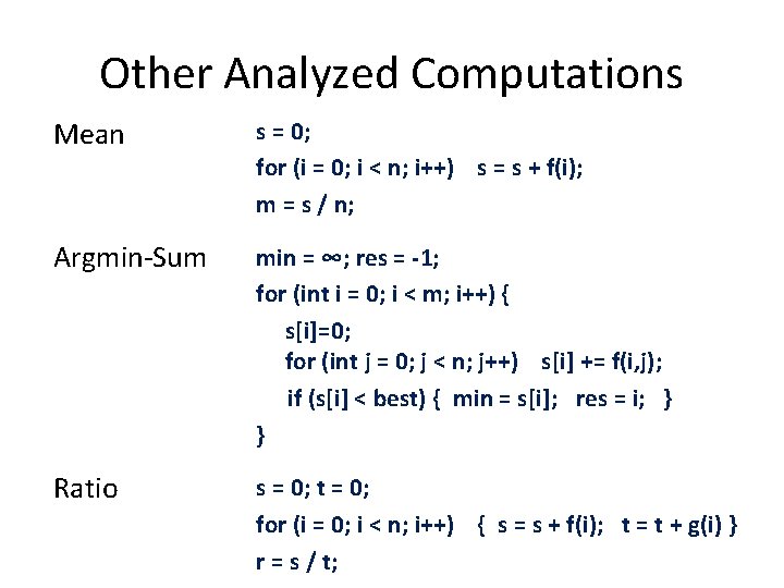 Other Analyzed Computations Mean s = 0; for (i = 0; i < n;