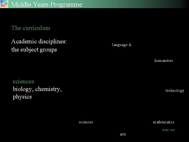 Middle Years Programme The Academic Disciplines The curriculum Academic disciplines: the subject groups language