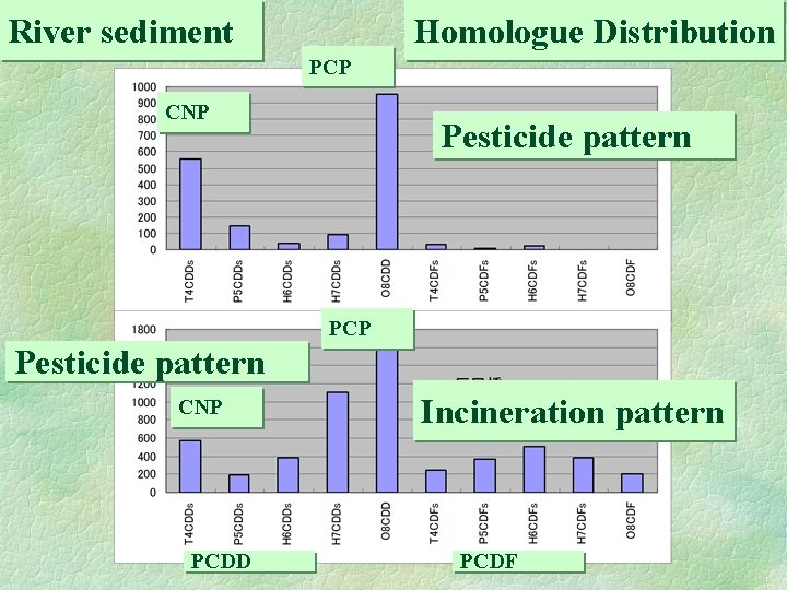 River sediment Homologue Distribution PCP CNP Pesticide pattern PCP Pesticide pattern CNP PCDD Incineration