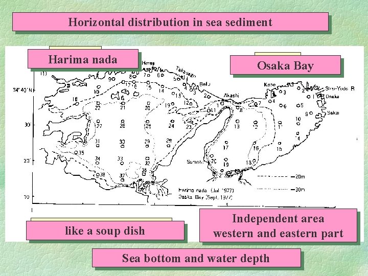 Horizontal distribution in sea sediment 播磨灘 nada Harima 大阪湾Bay Osaka スープ皿のような地形 like a soup