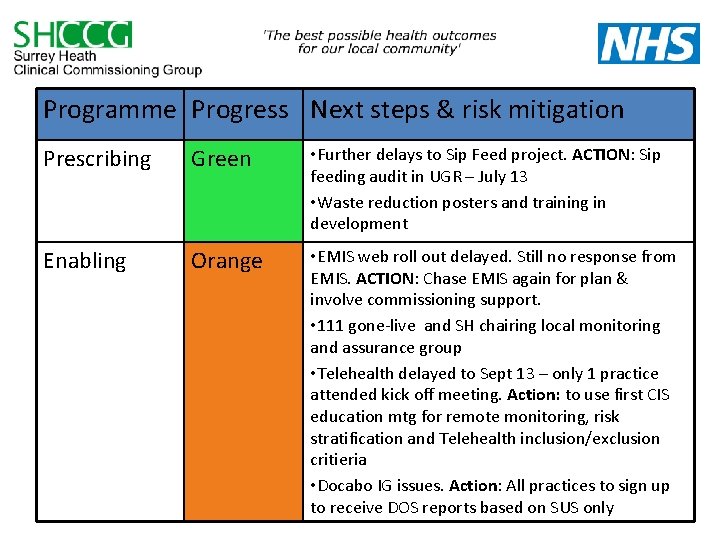 Programme Progress Next steps & risk mitigation Prescribing Green • Further delays to Sip