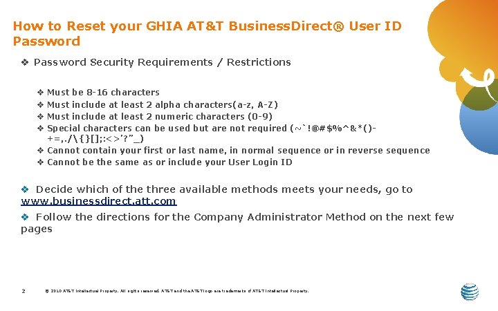 How to Reset your GHIA AT&T Business. Direct® User ID Password v Password Security