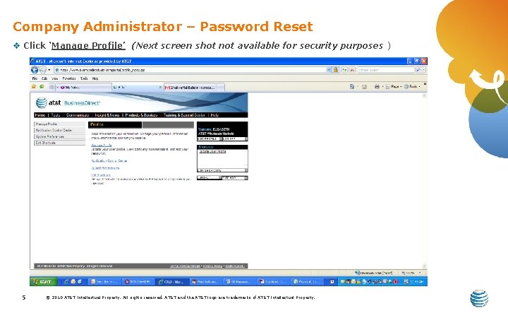 Company Administrator – Password Reset v Click ‘Manage Profile’ (Next screen shot not available