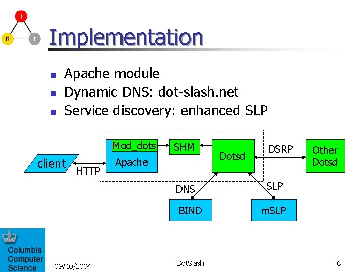 Implementation n Apache module Dynamic DNS: dot-slash. net Service discovery: enhanced SLP Mod_dots client