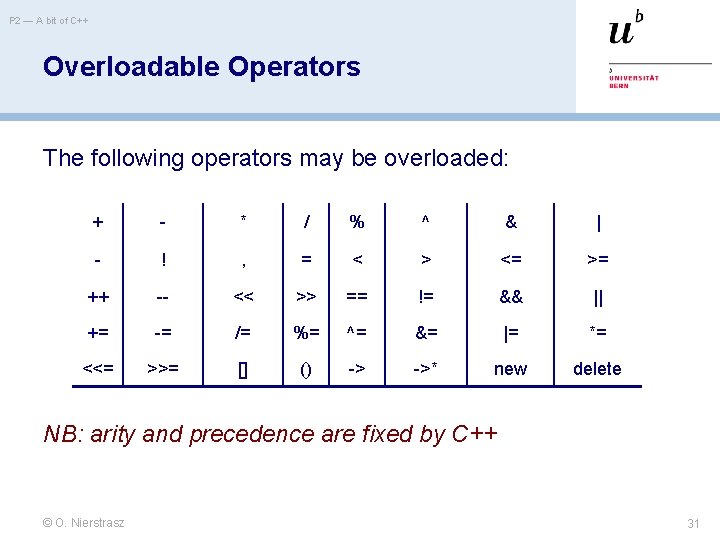 P 2 — A bit of C++ Overloadable Operators The following operators may be