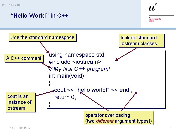 P 2 — A bit of C++ “Hello World” in C++ Use the standard P 2 — A bit of C++ “Hello World” in C++ Use the standard