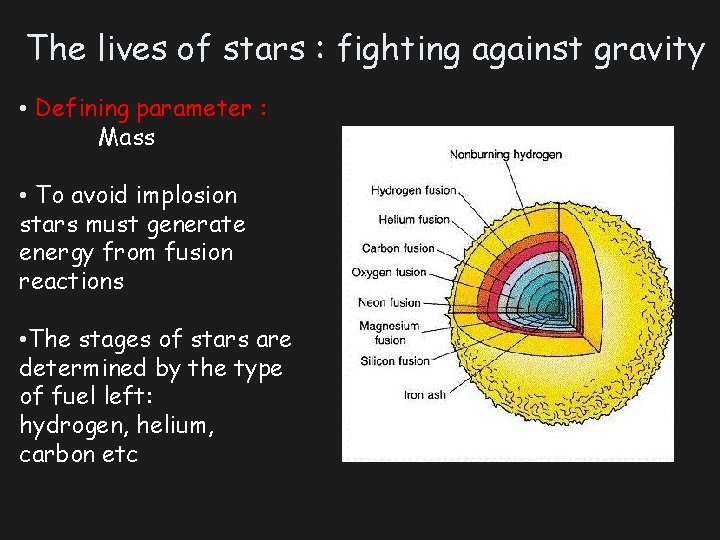 The lives of stars : fighting against gravity • Defining parameter : Mass •