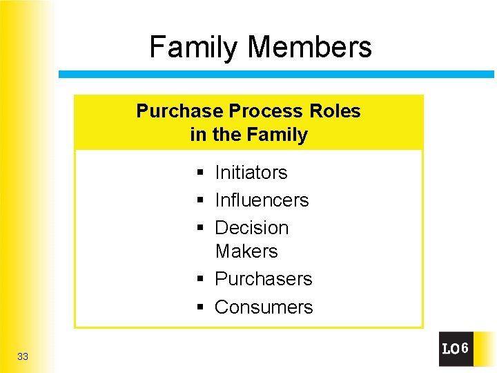 Family Members Purchase Process Roles in the Family § Initiators § Influencers § Decision