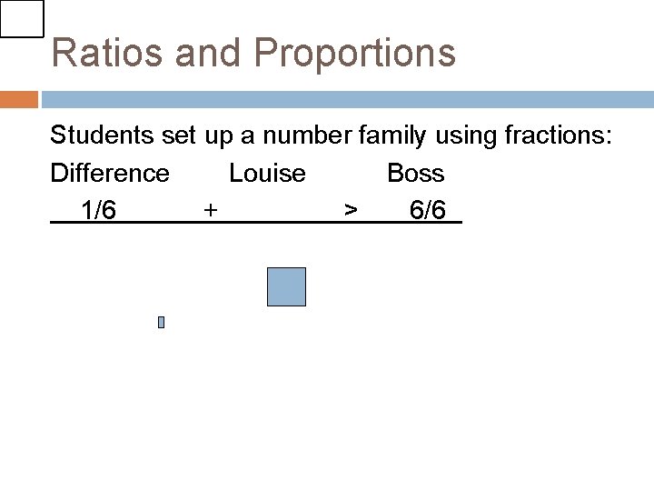 Ratios and Proportions Students set up a number family using fractions: Difference Louise Boss