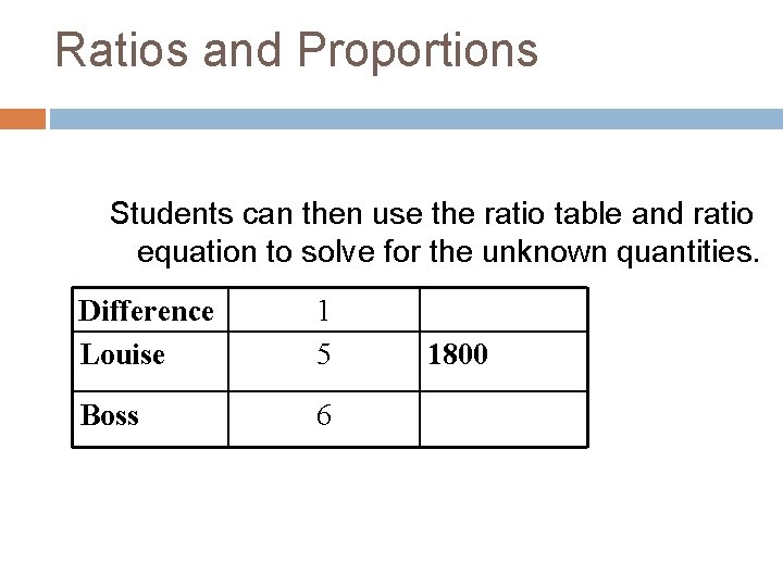 Ratios and Proportions Students can then use the ratio table and ratio equation to