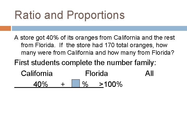 Ratio and Proportions A store got 40% of its oranges from California and the