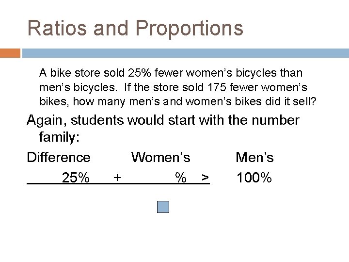 Ratios and Proportions A bike store sold 25% fewer women’s bicycles than men’s bicycles.