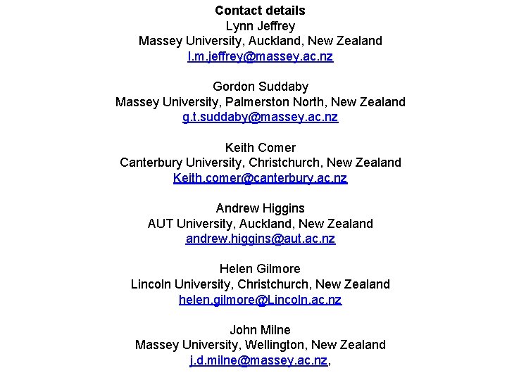 Contact details Lynn Jeffrey Massey University, Auckland, New Zealand l. m. jeffrey@massey. ac. nz