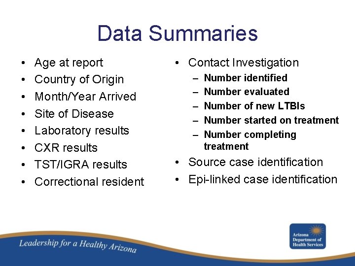 Data Summaries • • Age at report Country of Origin Month/Year Arrived Site of