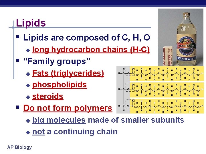 Lipids § Lipids are composed of C, H, O u long hydrocarbon chains (H-C)