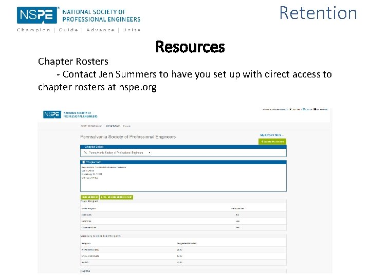 Retention Resources Chapter Rosters - Contact Jen Summers to have you set up with
