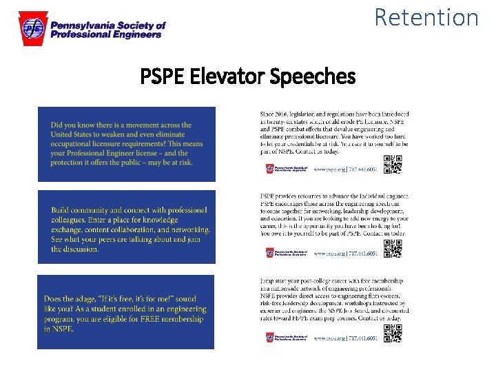 Retention PSPE Elevator Speeches 