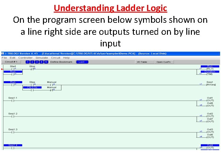Understanding Ladder Logic On the program screen below symbols shown on a line right